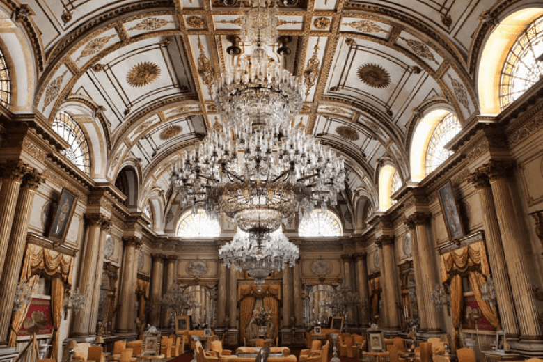 An incredible chandelier hangs within the Jai Vilas palace in India. 