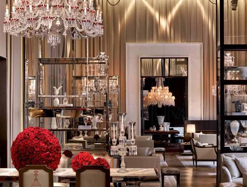 Baccarat hotel grand salon interior, chandeliers, roses