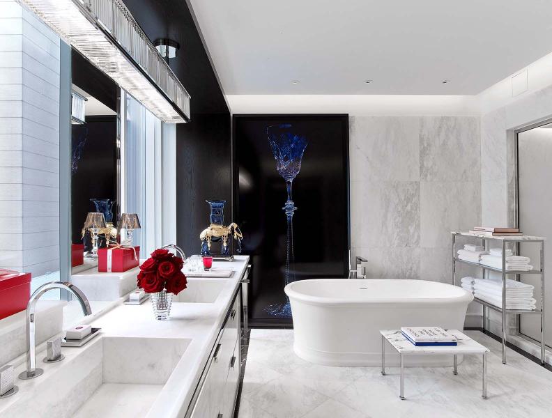 Baccarat suite bathroom with soaking tub at Baccarat hotel
