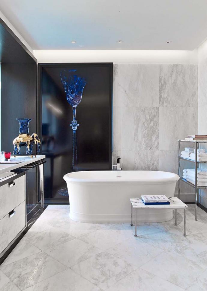 Baccarat suite bathroom with soaking tub at Baccarat hotel