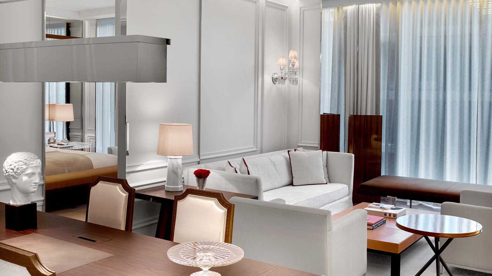 Dining room and living room in a Prestige Suite