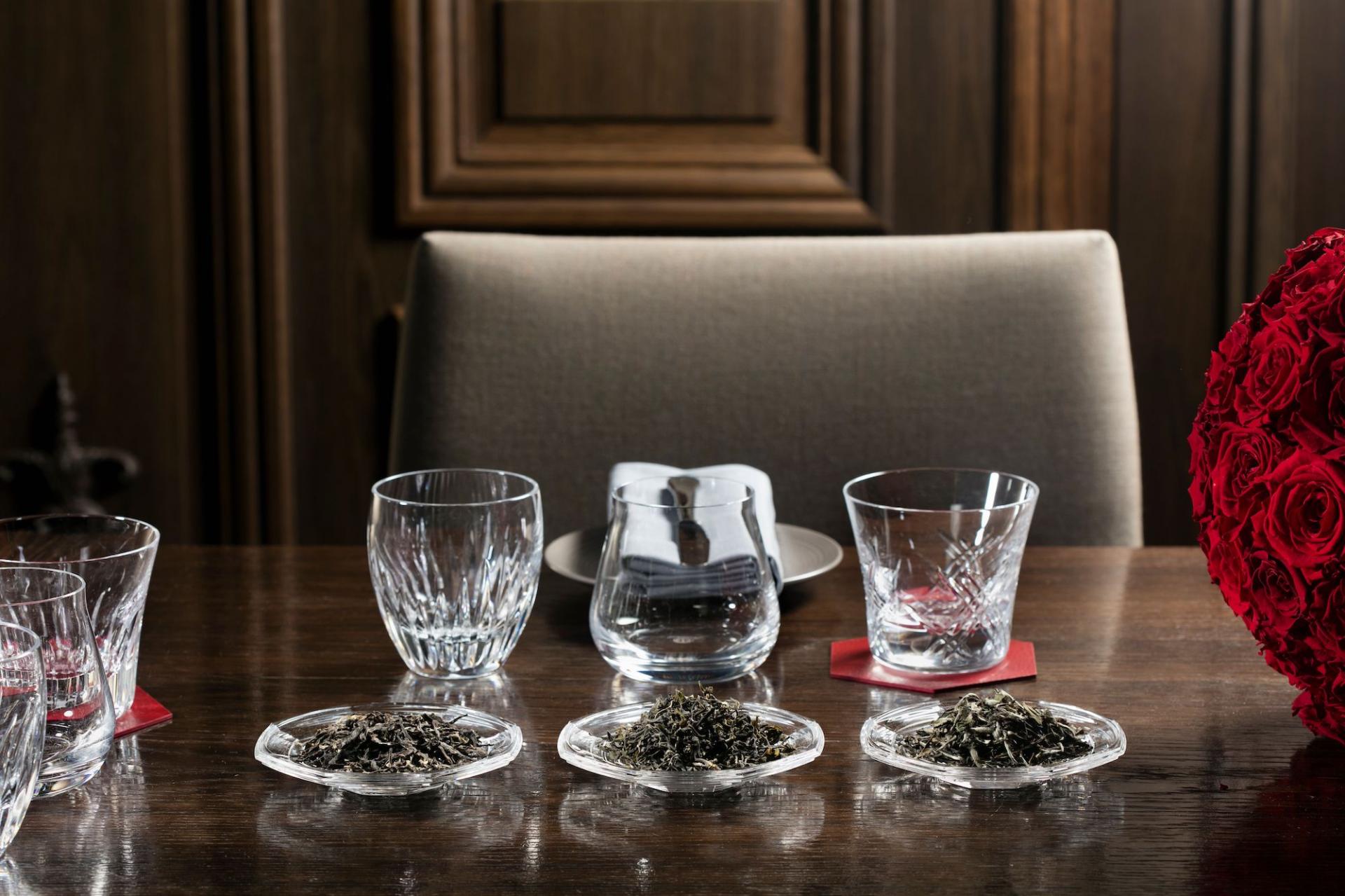 Tea tasting crystal glassware at Baccarat hotel