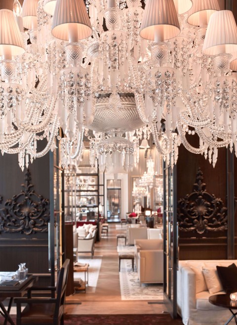 An elaborate chandelier featuring numerous crystals