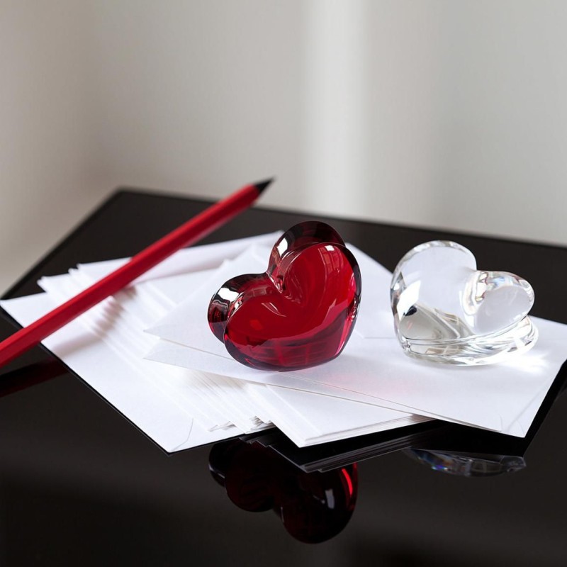 Picture of a pen and 2 glass hearts resting on paper